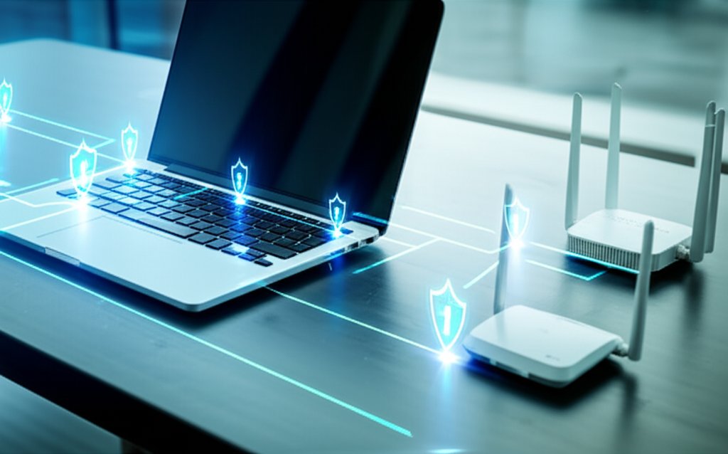 Modern home office with laptop, smart hub, mesh router. Glowing lines and pulsing shields illustrate Zero Trust network se...