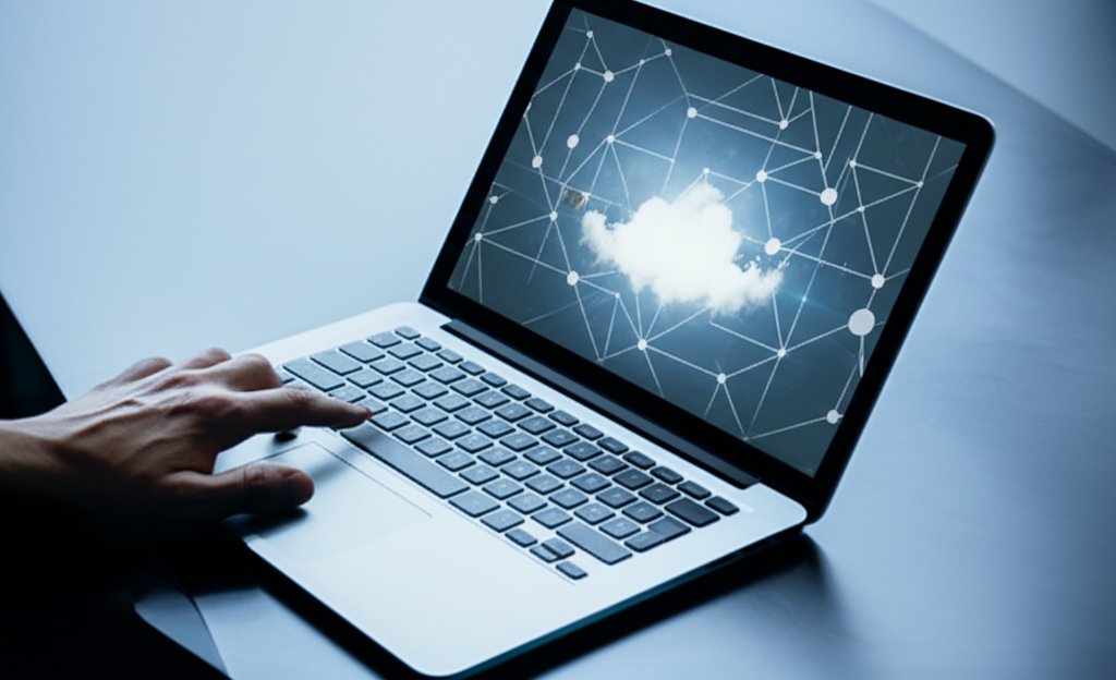 A laptop shows an abstract cloud network interface with subtle fractured pixels and amber fault lines, symbolizing securit...