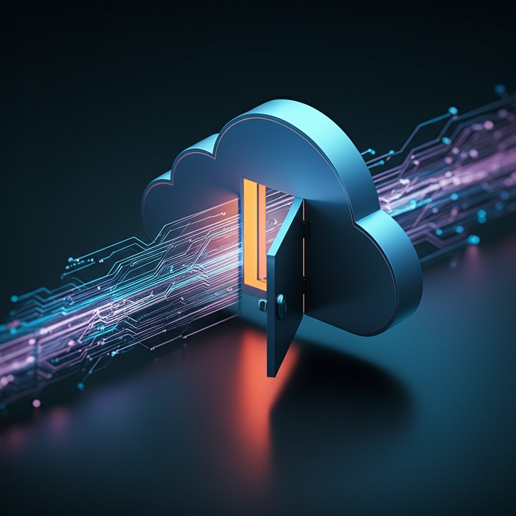 Glowing digital cloud storage sphere with an ajar, orange-lit section and data streams, representing cloud misconfiguratio...