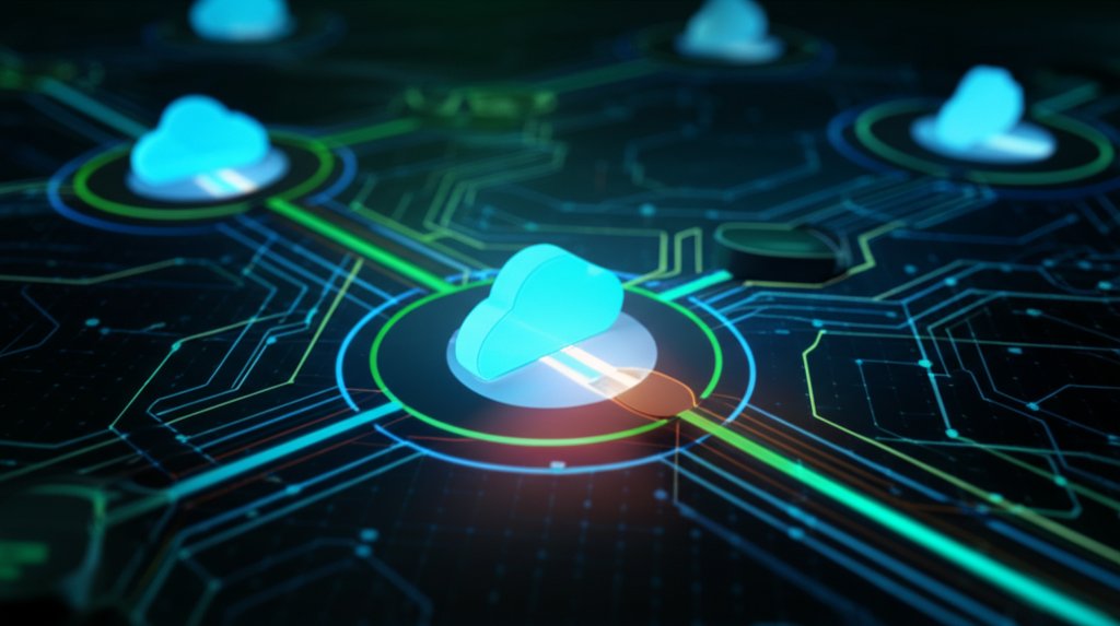 Abstract cloud infrastructure network with glowing data streams; an amber node indicates a vulnerability, highlighted by a...
