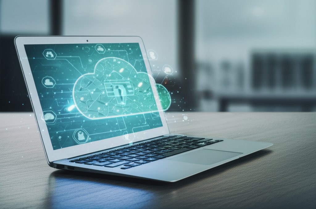 Laptop with glowing data & security icons connected to a conceptual blue-green cloud graphic, for cloud vulnerability asse...