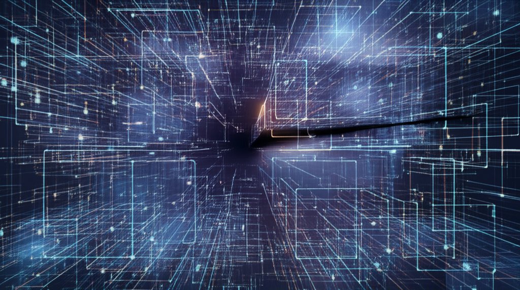 Abstract cloud infrastructure art with nodes and pathways. A barely visible, fractured segment glows amber, revealing a cr...