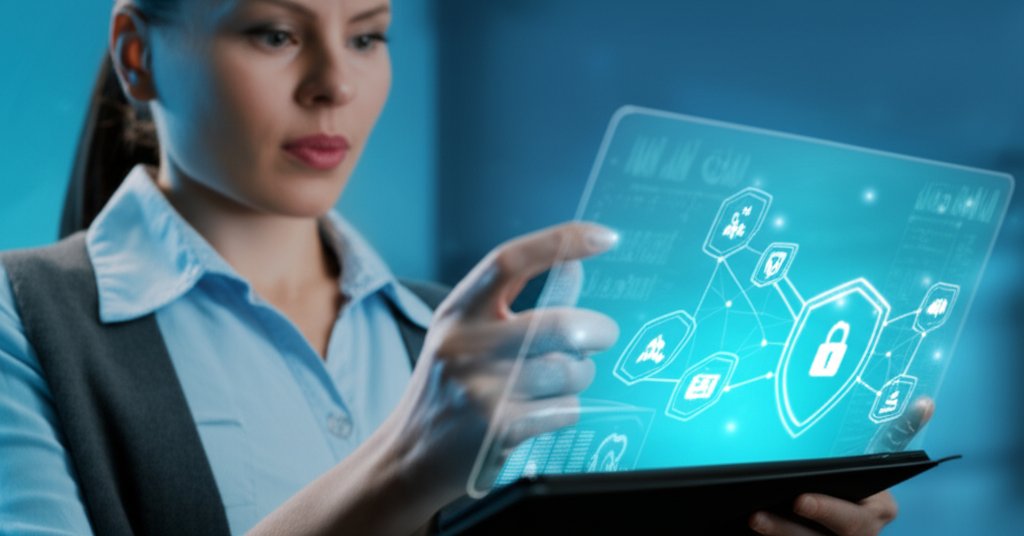 Woman business owner intently observes a tablet showing her e-commerce platform's microservices with a protective DAST shi...