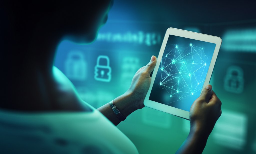 Individual securely uses tablet showing an interconnected decentralized identity network, protecting consumer data privacy...