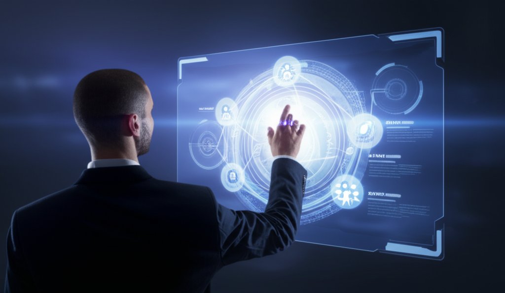 Figure interacts with glowing holographic display visualizing secure, personal digital identity data streams.