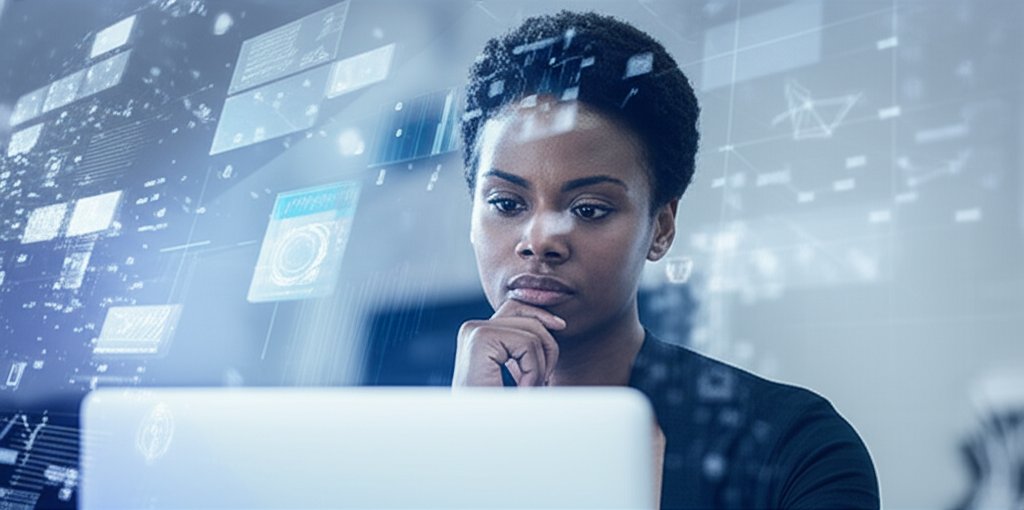 Concerned professional views a digital screen amidst swirling data fragments, illustrating challenges of decentralized ide...