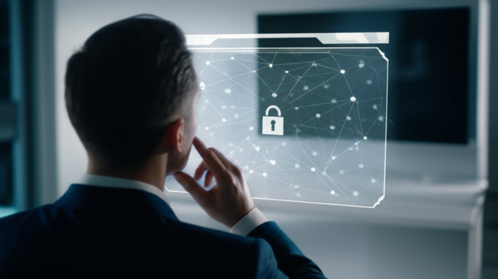 Professional interacts with a holographic digital identity representing secure, decentralized data privacy in a minimalist...