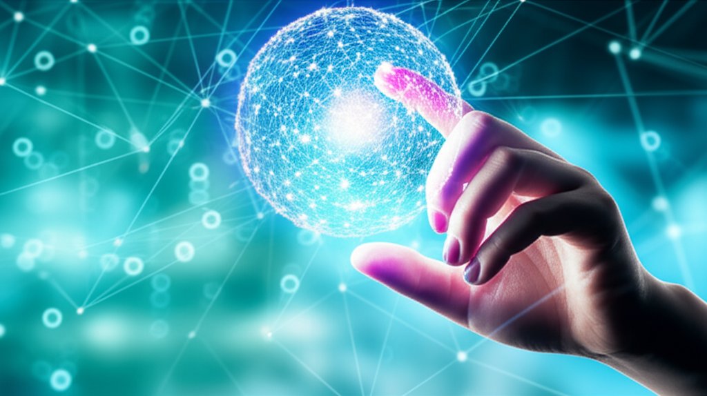 Human hand interacts with a glowing digital sphere representing a personal decentralized identity node within a distribute...