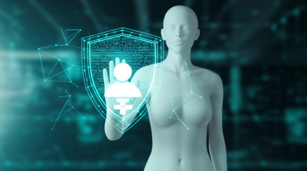 Professional figure's hand on a glowing holographic interface, representing secure, self-sovereign digital identity and da...