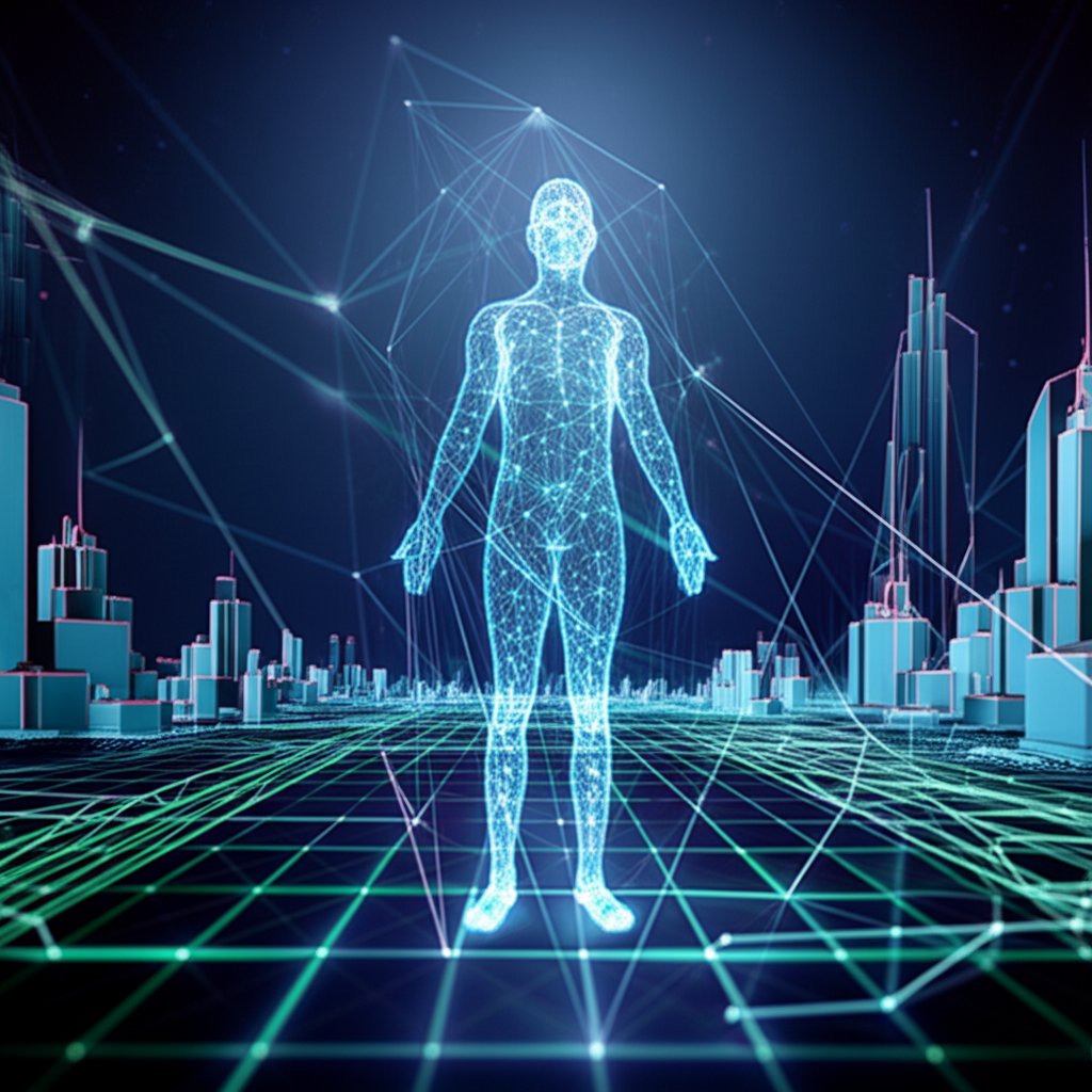 Ethereal avatar of glowing data nodes, protected by encrypted lines, in a futuristic metaverse representing decentralized ...