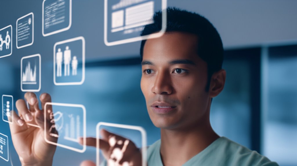 Diverse individual managing glowing holographic identity data nodes, representing personal control over decentralized onli...