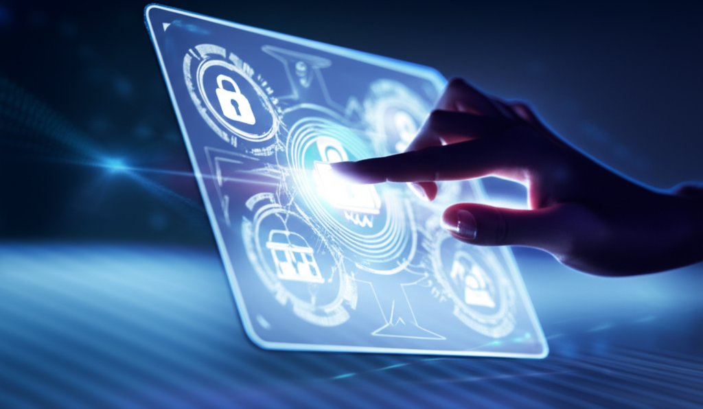 Hand touching a glowing holographic screen with decentralized identity and quantum cryptography symbols, representing data...