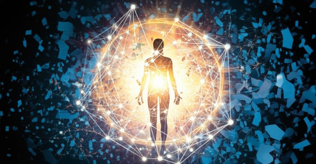 Gender-neutral silhouette with scattered digital data contrasted by a glowing, interconnected SSI network for identity con...