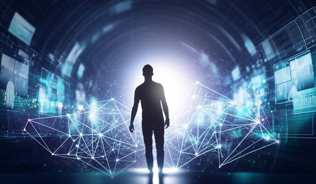 Figure overwhelmed by data chaos. Secure network of glowing nodes forms, symbolizing Decentralized Identity for user priva...