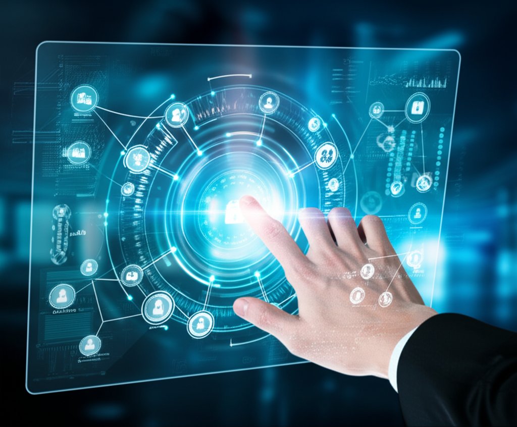 Abstract digital Zero Trust Identity Architecture with glowing core, secure verification layers, and a hand interacting on...