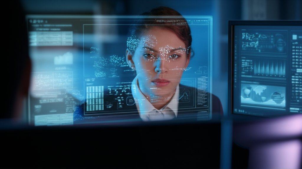 Focused cybersecurity professional scrutinizes screens showing AI deepfake data distortions and clean detection graphics.