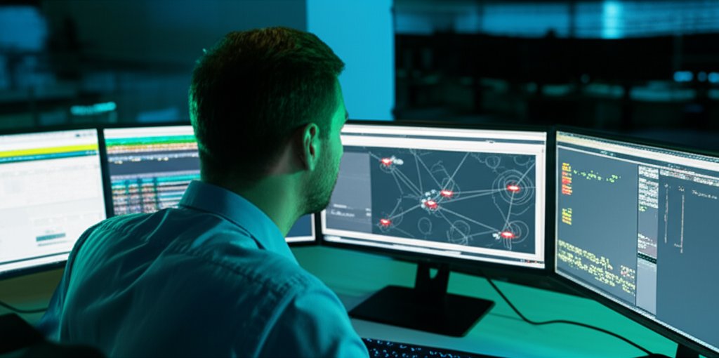 Focused cybersecurity professional analyzes digital vulnerability data on multi-monitor screens with abstract network diag...