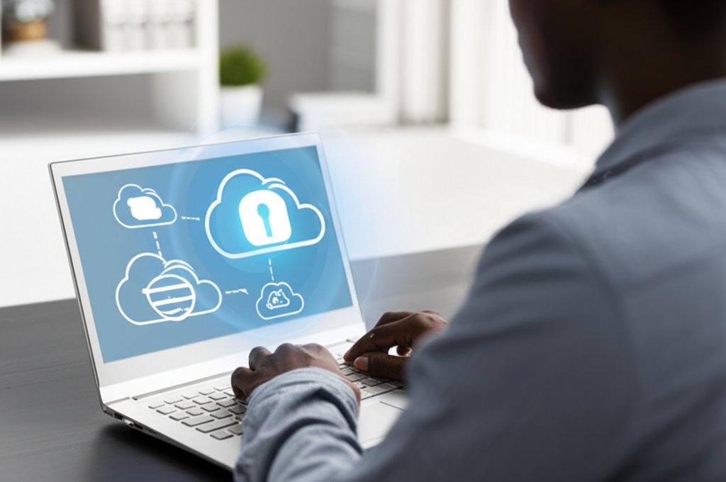 Diverse person focused on laptop screen displaying cloud service icons with security locks and a protective blue glow for ...