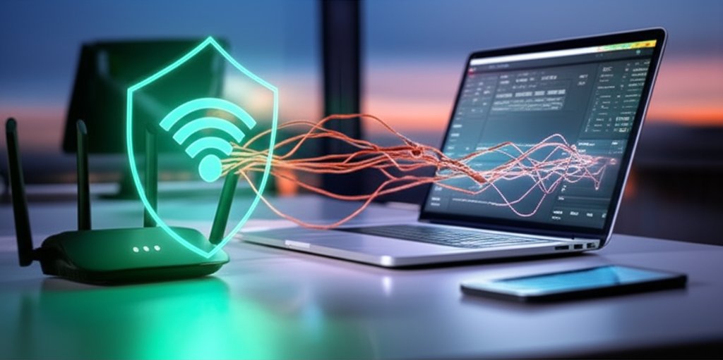 Wi-Fi router with a blue-green shield protecting a home network from reddish-orange AI cyber attack tendrils. Laptop shows...