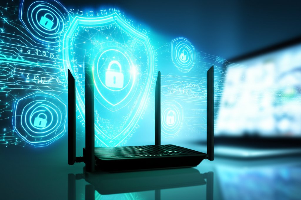 Sleek home network router with a glowing blue-green digital shield for cyber defense. Connected devices in background show...