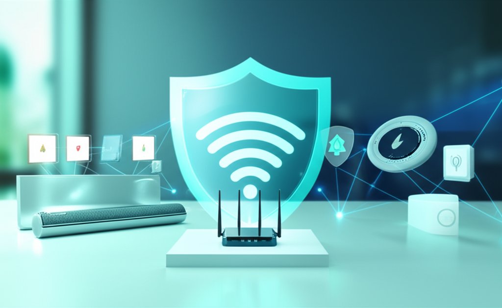 Modern home network: sleek Wi-Fi router, smart devices with glowing digital connections, all protected by a shimmering sec...