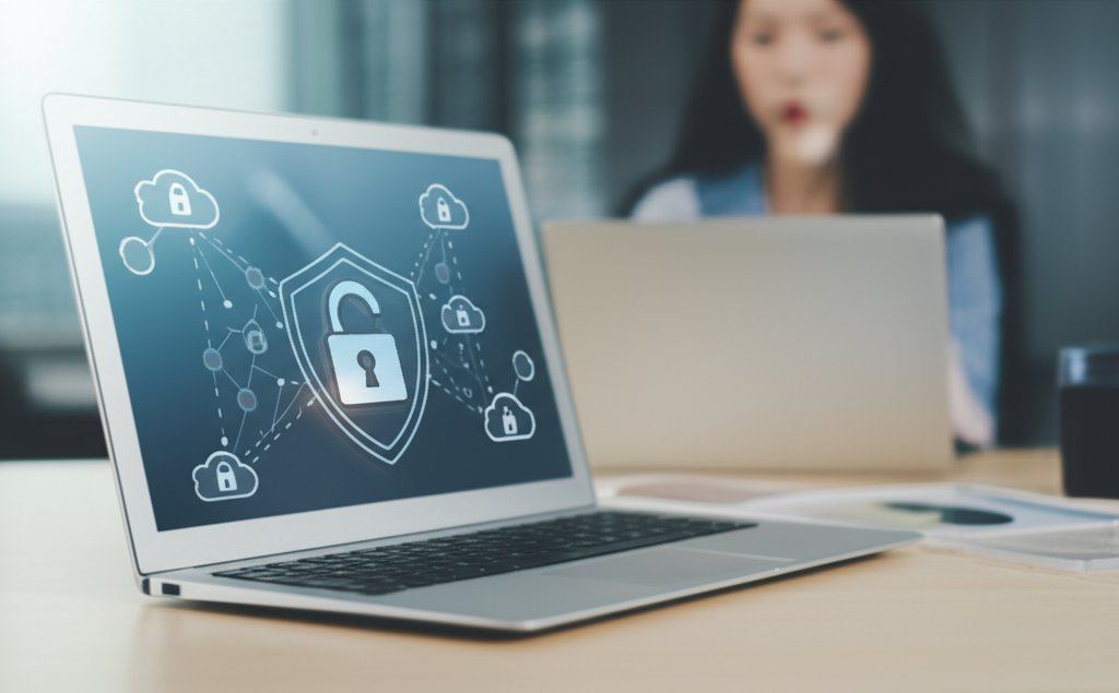 Laptop screen with cloud nodes and a digital shield symbolizes serverless app security in a modern office setting.