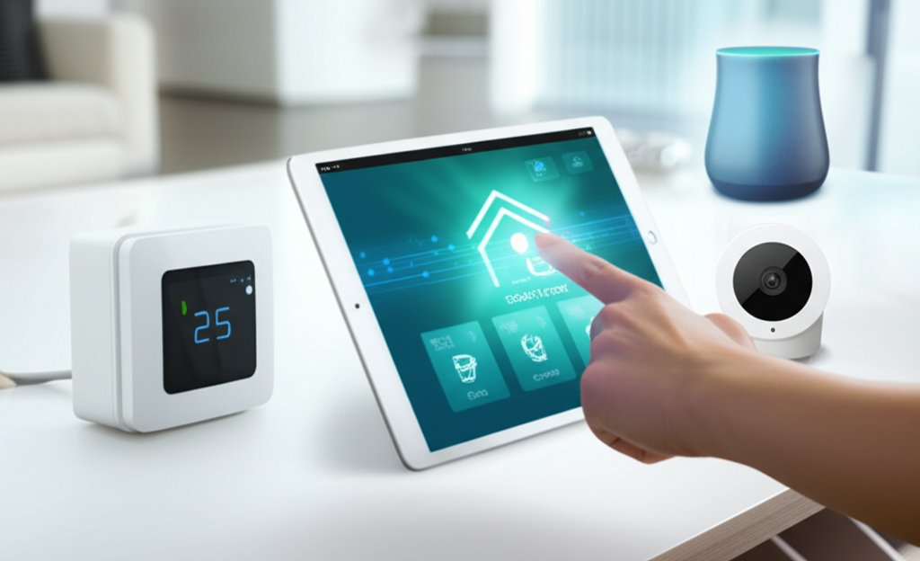 Integrated smart home IoT devices (speaker, thermostat, camera) with a hand using a tablet to control them. Digital securi...