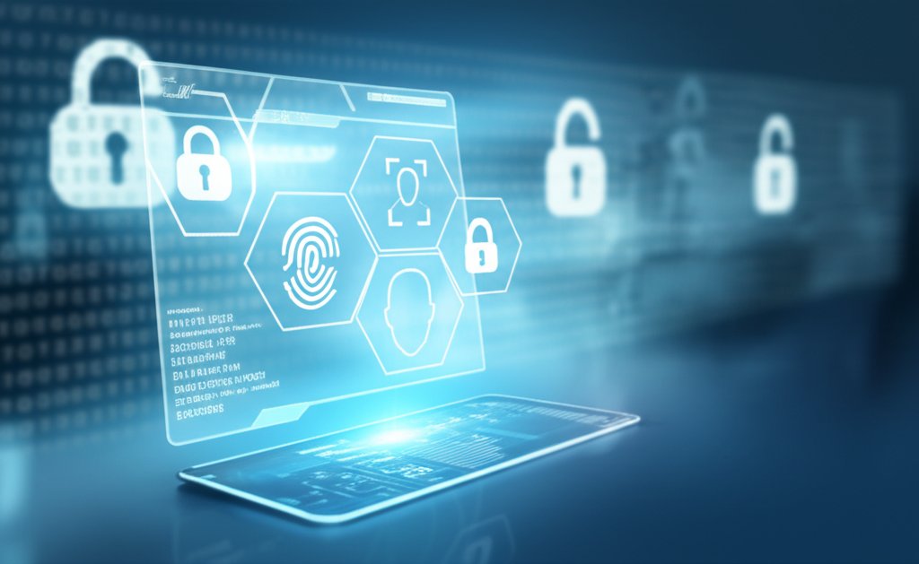 Future-proof digital identity interface with glowing fingerprint, face, and token security icons. Fading old passwords in ...