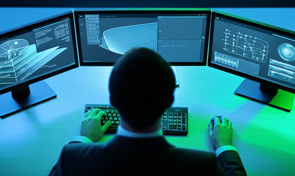 Professional desk with multiple glowing monitors displaying cybersecurity network defense, compliance metrics, and progres...