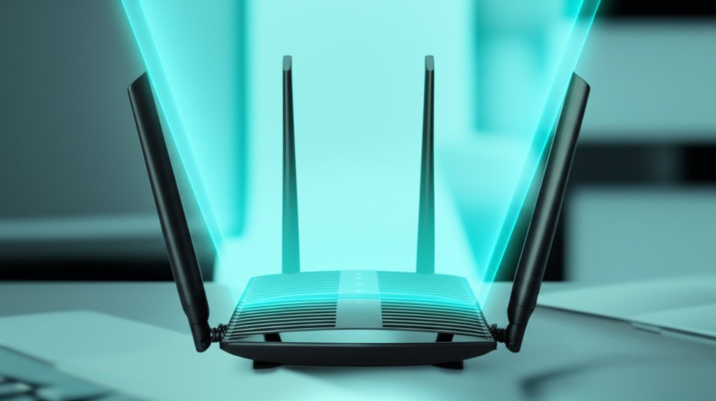 A modern home Wi-Fi router glows with a blue-green digital security shield, in a blurred contemporary home office.