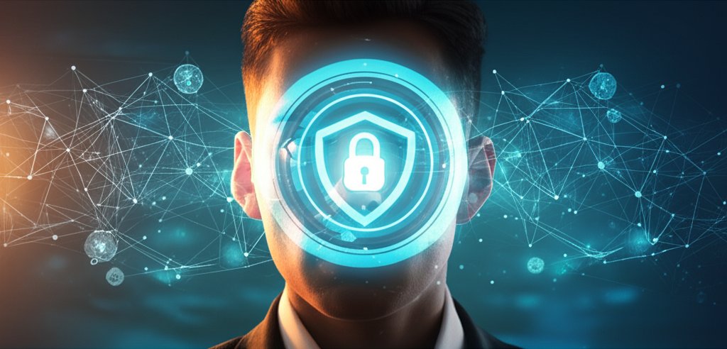 Vigilant professional with focused expression, surrounded by glowing digital security networks, embodying a human firewall...