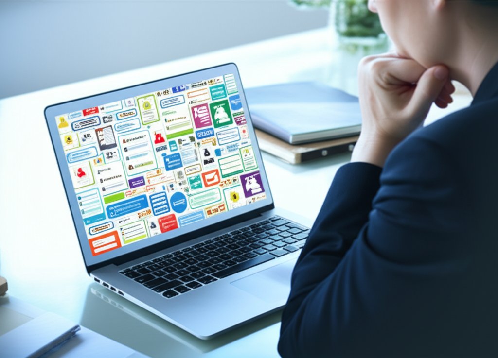 Professional intently views laptop with overwhelming collage of generic login forms & user profiles, representing identity...