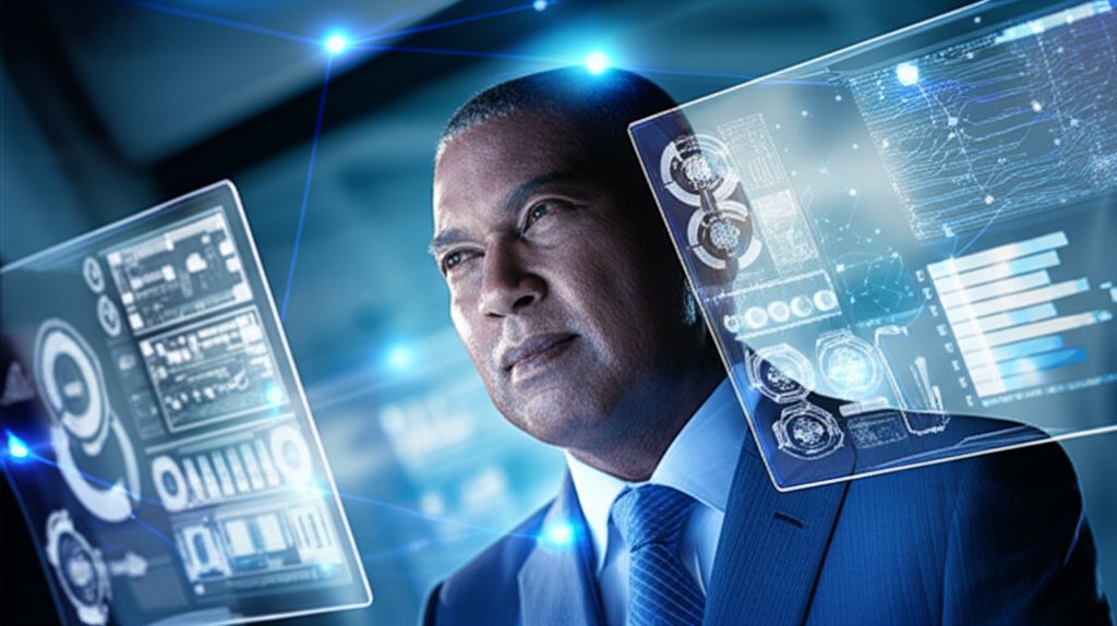 Focused cybersecurity expert intently views complex data visualizations on transparent screens showing quantum computing c...