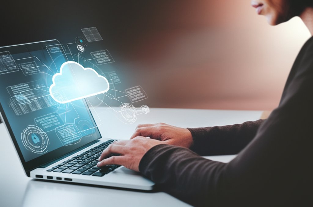 Focused person on laptop displaying secure cloud data, showing Zero Trust for enhanced data security.