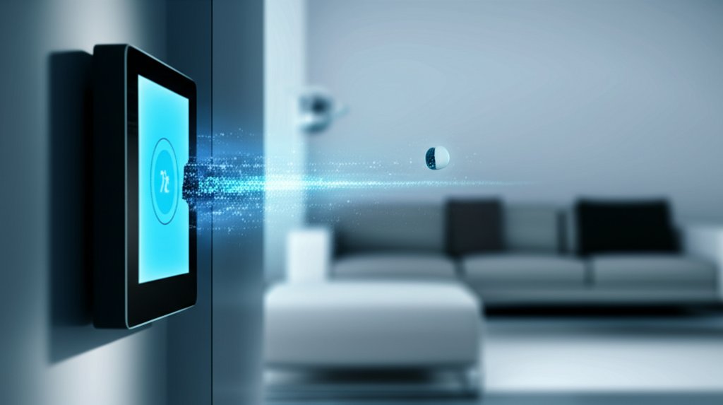 A smart thermostat and security camera in a modern room, with subtle digital anomalies indicating potential IoT security r...