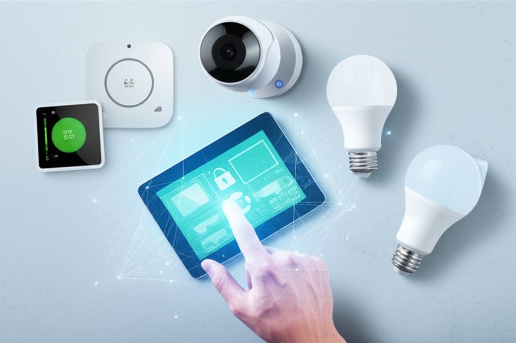 Smart IoT devices (thermostat, camera, light bulb) with digital security scan. Hand uses tablet with monitoring display.