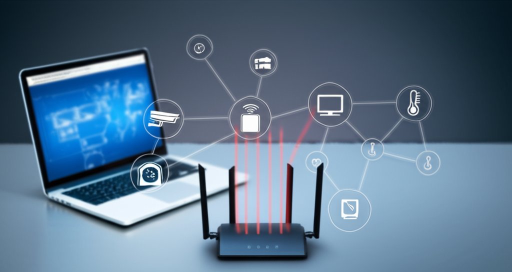 Overhead view: Sleek Wi-Fi router, laptop displaying IoT security dashboard with red threats from smart speaker & camera.
