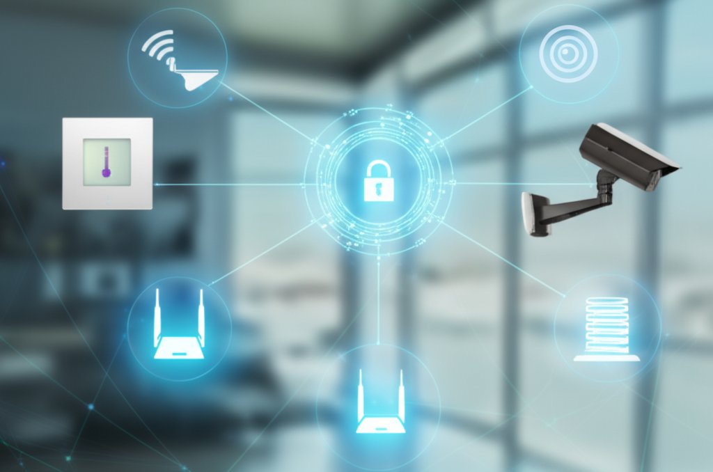 Sleek IoT devices in a modern office, connected by glowing data lines to a central identity management node for secure data.