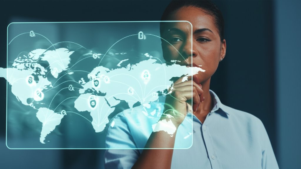 Diverse business owner observes a digital interface showing a global map with secure data flow for residency compliance.