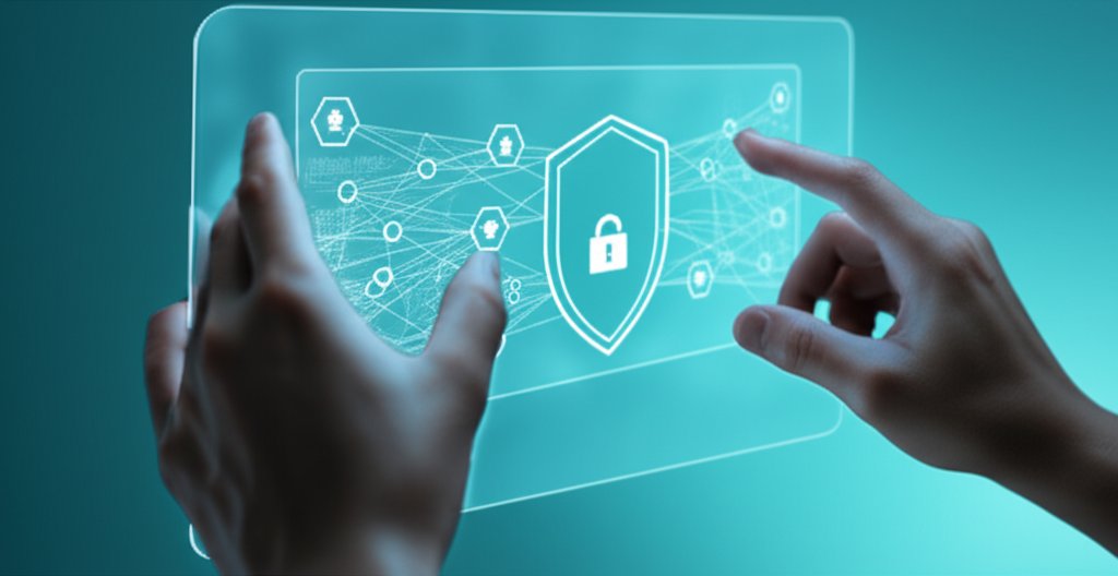 Hands interact with a glowing holographic interface, data streams converging on a secure emblem for decentralized identity.