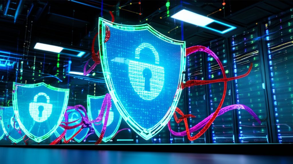 DevSecOps digital ecosystem: Glowing blue/green security protocols contain swirling red AI cyber threats, illustrating rob...