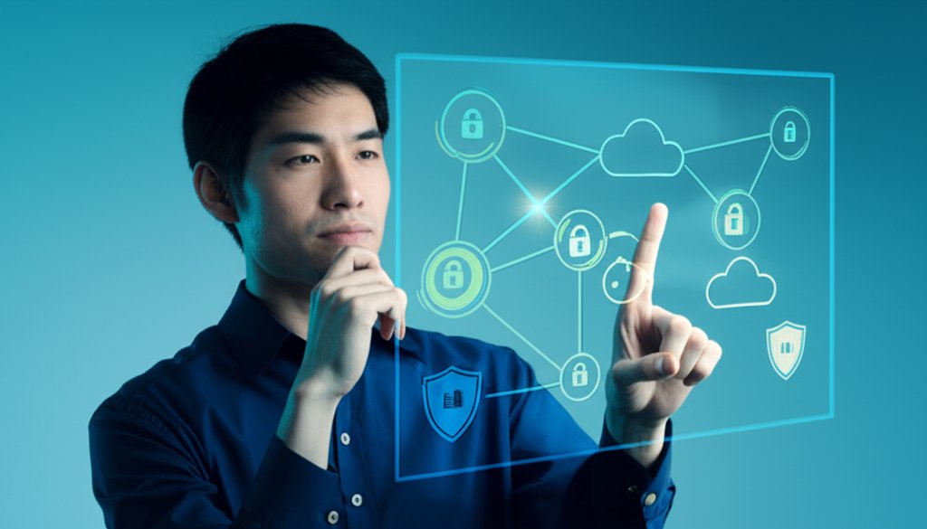 Small business owner studies a holographic display of secure cloud infrastructure with digital shields & lock symbols.