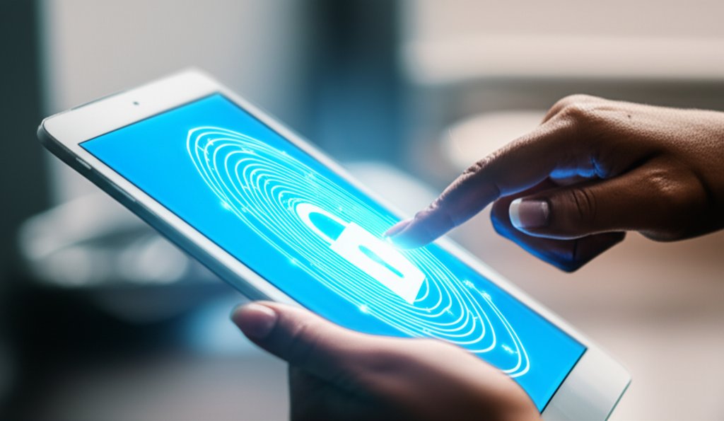 Hand on sleek tablet screen displays glowing interconnected nodes, symbolizing modern passwordless authentication for enha...