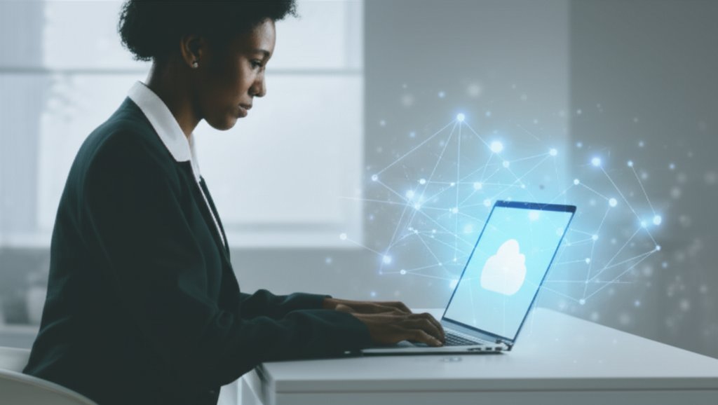 Confident person on a laptop in a modern home office. Abstract glowing serverless cloud lines behind, with a blue data sec...