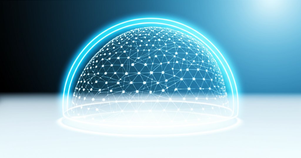 Abstract serverless cloud functions within a glowing, transparent sphere, symbolizing robust security for cloud architecture.