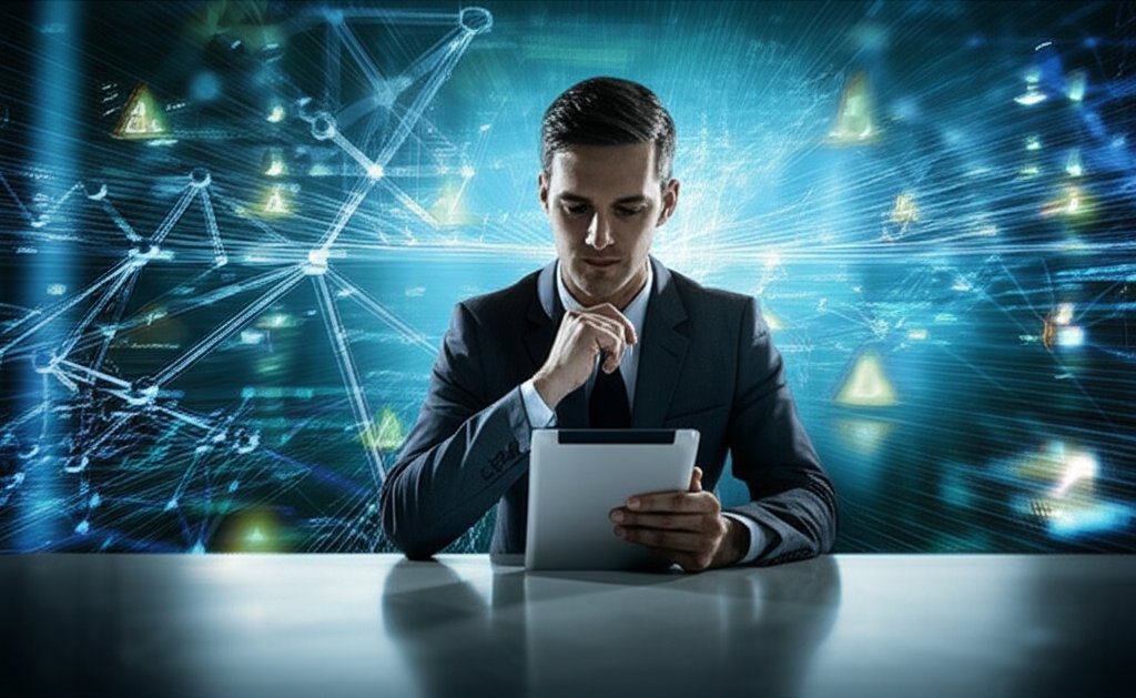 Professional analyzes a clear priority list on a tablet, contrasting overwhelming cybersecurity vulnerabilities swirling a...