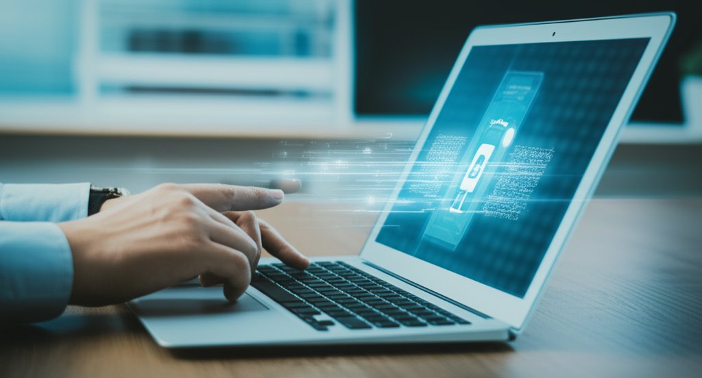User's hands on a laptop screen showing data flowing through a zero-trust network security verification point.