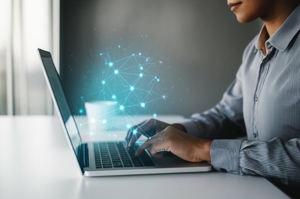Diverse person on laptop in modern office. Ethereal blue/teal digital network with pulsing nodes symbolizes Zero Trust sec...