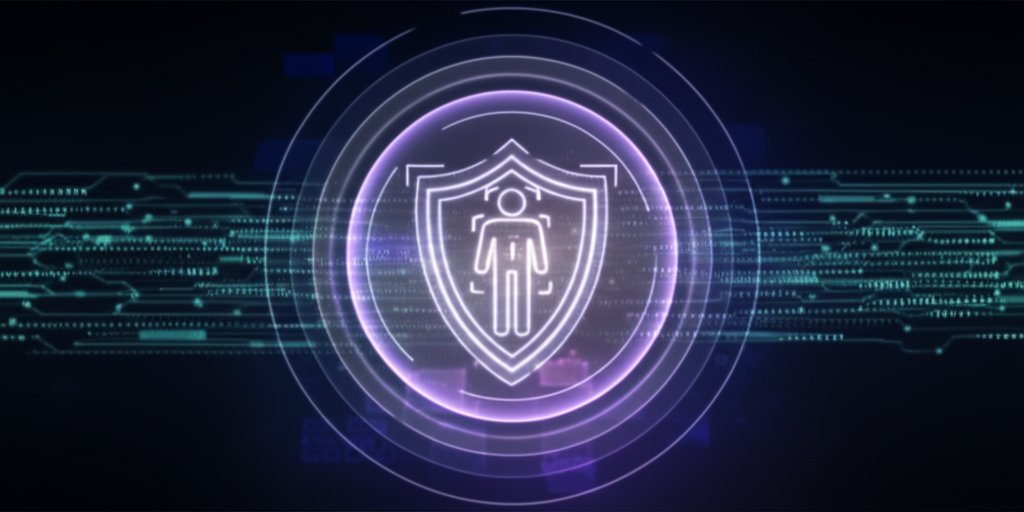 Digital identity icon surrounded by layered digital shields with flowing data streams for continuous Zero Trust verification.