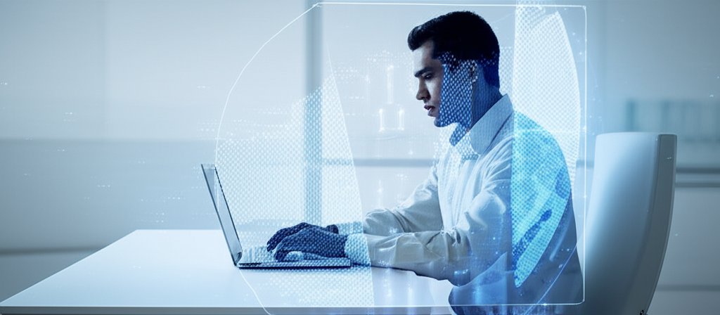 Professional working on laptop in modern home office as a digital security perimeter dissolves into pixelated shards aroun...